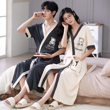 情侶睡袍女夏季薄款純棉睡衣短袖浴袍男士夏天睡裙浴衣晨袍家居服