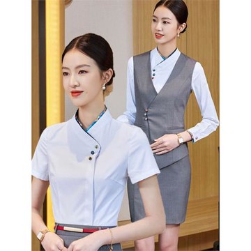 高端新中式敦煌襯衫女短袖酒店餐廳服務員工作服馬甲前臺職業套裝