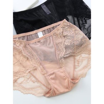 透明全蕾絲女士內褲 黑色性感中腰三角褲鏤空包臀大碼青年 純棉襠