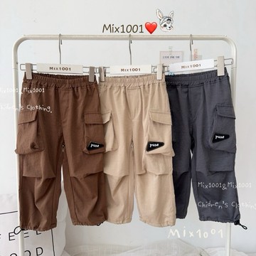 🌈✨mix1001 潮流男孩 黑色三角標籤口袋褲✨兒童縮繩休閒褲5-17
