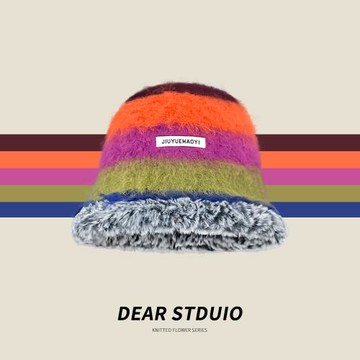 日系彩色復古手工毛絨針織帽子女秋冬季保暖百搭撞色條紋漁夫帽潮