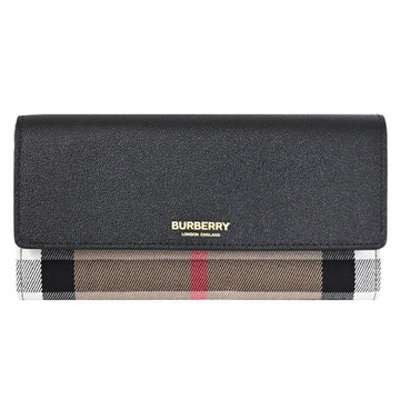 BURBERRY 8121686 HALTON 燙金LOGO格紋皮革邊翻蓋零錢長夾.黑