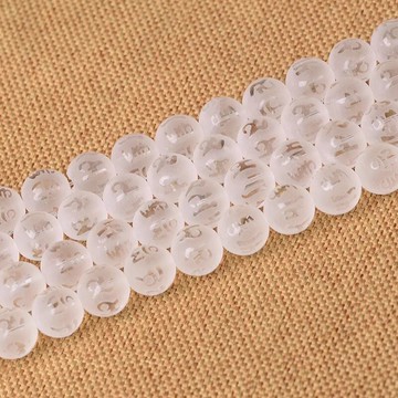 天然白水晶磨砂六字真言散珠半成品圓珠串珠DIY 手工手鏈佛珠配件