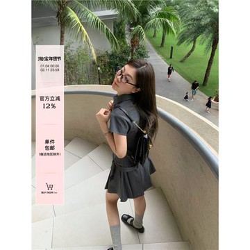ASHENONLINE乖乖書呆子 裙子女夏季休閑學院風短款條紋灰色連衣裙