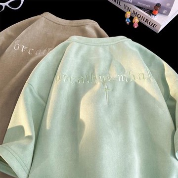 鹿皮絨男士短袖t恤男2024新款潮牌五分袖上衣夏季男生半袖體恤男