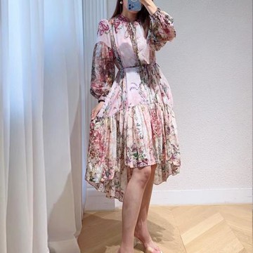 桑蠶絲長袖連衣裙2024春夏V領燙鉆印花真絲裙仙女燕尾長裙配腰帶