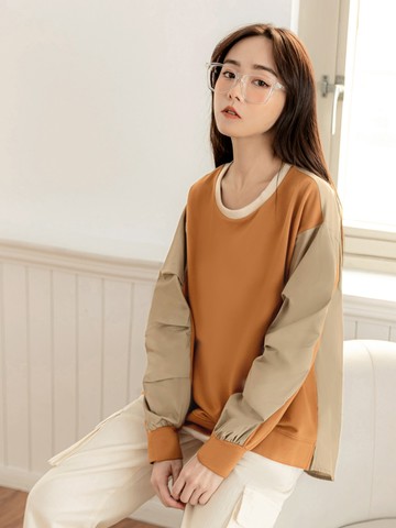 長版撞色拼接層次打褶長袖衛衣大學T