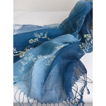 夏季蠟染亞麻圍巾貴州旅行民族風棉麻圍巾女士復古流蘇紗巾大披肩