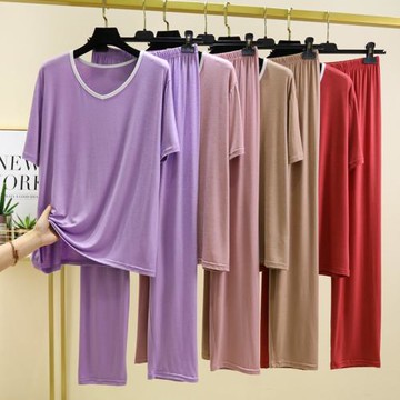 莫代爾女夏V領短袖家居服套裝薄款休閑可外穿睡衣純色寬松兩件套