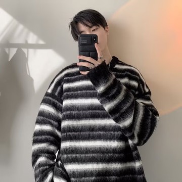2024新款黑白條紋上衣針織衫慵懶風軟糯毛衣男款秋冬潮情侶感上衣鑫弘-衣錦男裝