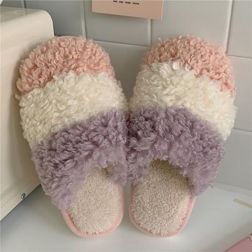 細細條 彩虹包頭棉拖鞋保暖厚底居家毛毛鞋防滑拖鞋月子鞋女冬季