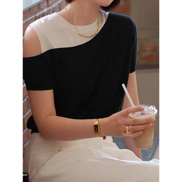 時尚優雅絕美黑色撞色露肩針織短袖T恤女夏季新款高級感顯瘦上衣