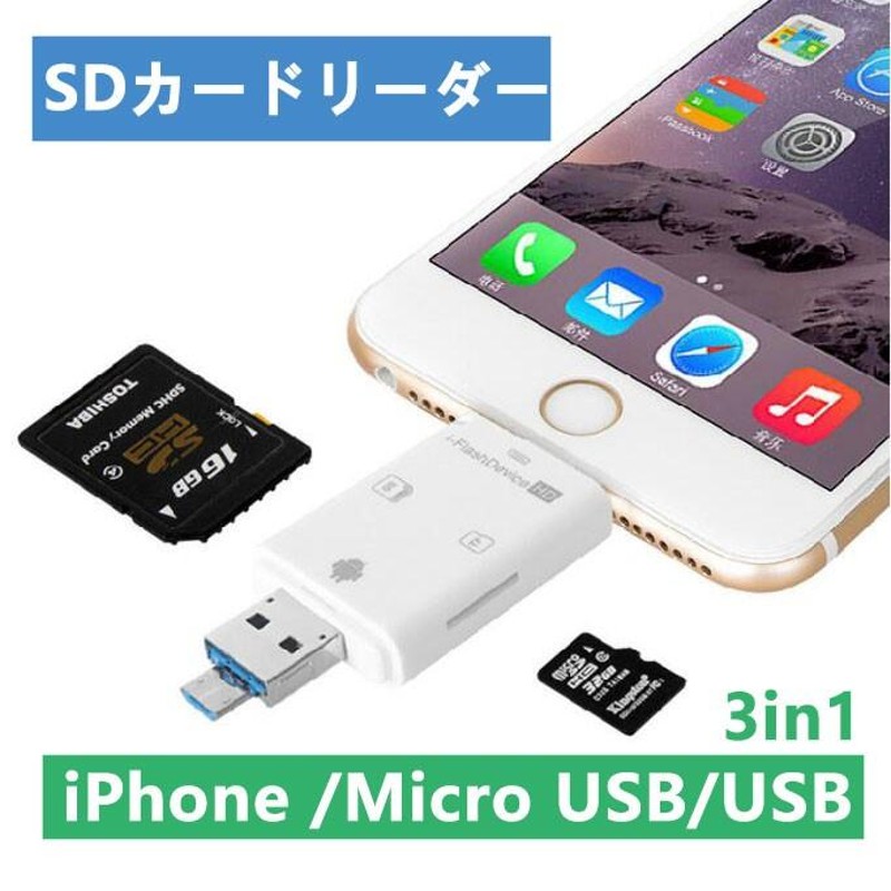 SDカードリーダー iPhone /Micro USB/USB全対応 ー iPhone/iPad