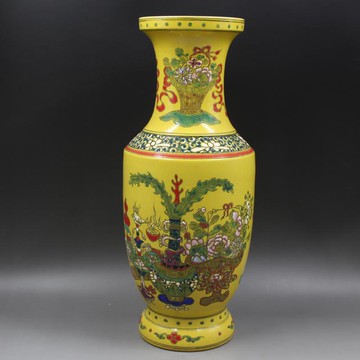 清康熙年制黃地粉彩博古紋賞瓶仿古家居酒店景區瓷器擺件古玩收藏1入