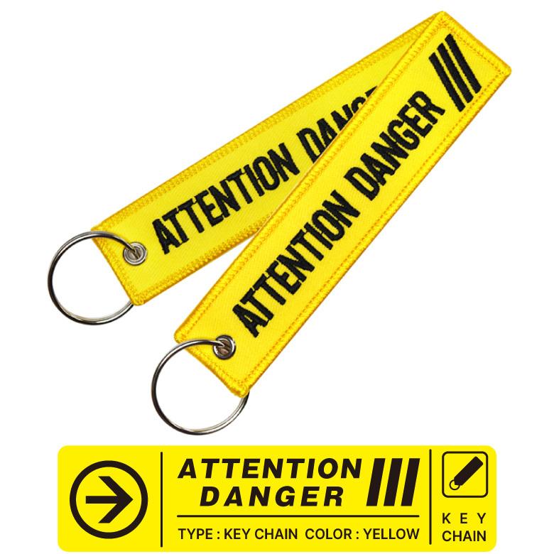 ATTENTION DANGER キーチェーン カラー イエロー 1個 刺繍