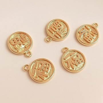 Ala--銅福牌14K鍍金保色圓牌福字吊墜橢圓形招財小掛件diy飾品吊飾配件