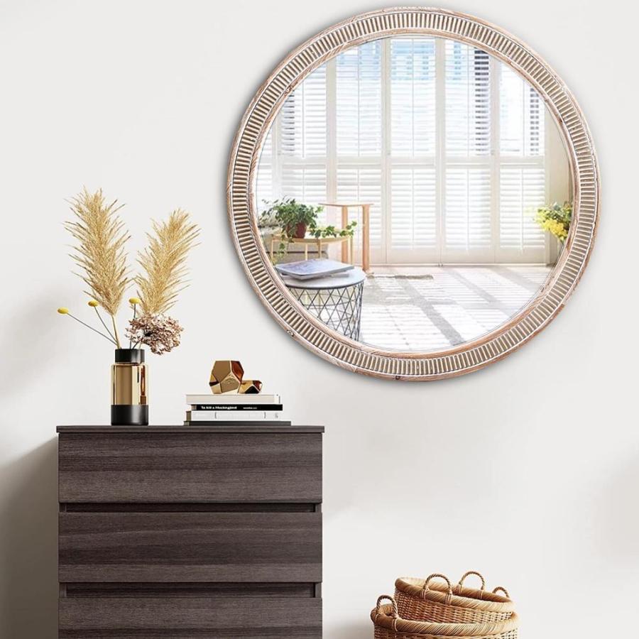 円鏡装飾壁ミラー - 農家のアンティーク調木製ラウンドミラー 素朴