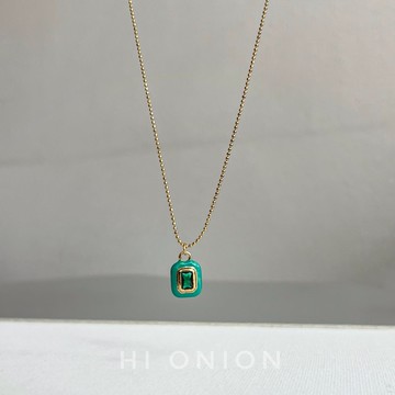 Hi Onion原創小眾設計復古祖母綠方形吊墜項鏈男女鎖骨鏈春夏時尚