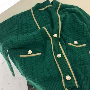 單排扣氣質V領高級感牛油果綠毛衣女2022早春高端品質寬松針織衫