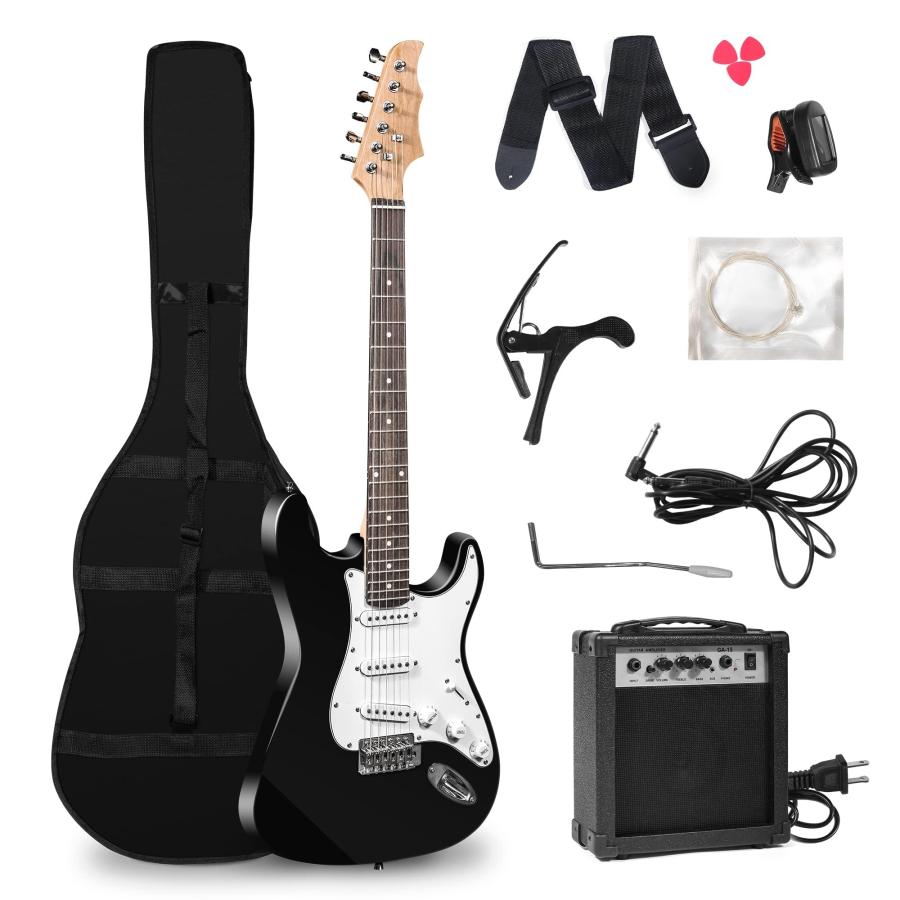 39 Inch Full Size Electric Guitar Kit with 15W Amp, String Guitar for Beginner Starter Set, Includes Picks, Shoulder Strap, Tuner, Bag Case, Right