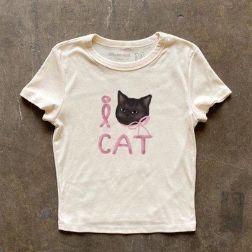IGEUMM 230g重磅美式小眾可愛卡通貓咪正肩短袖T恤辣妹獨特上衣女