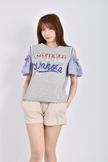 (M) the 2nd skin亮片珠珠拼布灰色短袖上衣