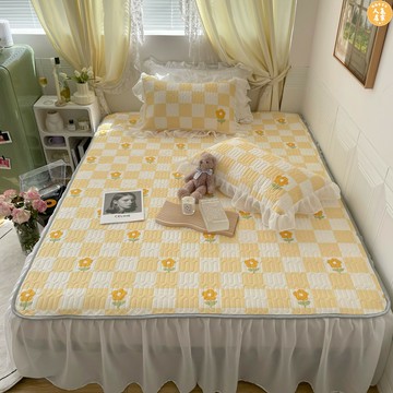 乳膠涼席/冰絲涼席 時髦棋盤格郁金香乳膠涼席三件套1.5m1.8米涼感絲空調軟席床裙款