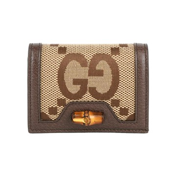 Gucci Diana 竹節系列緹花布及皮革卡片小短夾(棕色)