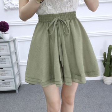 La Belleza素色鬆緊腰抽繩雙層波浪裙擺棉麻闊腿短褲裙