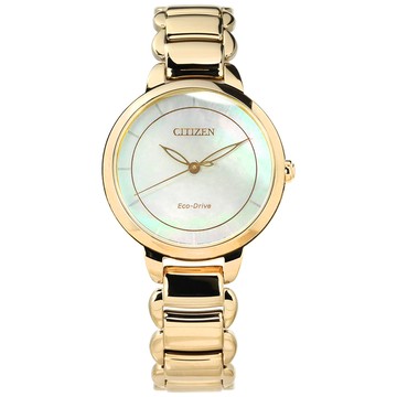 CITIZEN / EM0673-83D / 光動能 藍寶石水晶玻璃 白蝶貝 日期 不鏽鋼手錶 銀綠x鍍香檳金 31mm