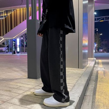 美式hiphop牛仔褲男春秋新設計感拼接棋盤格褲子直筒寬松休閑長褲