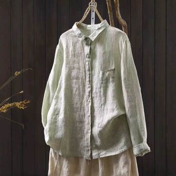 設計所在 棉麻隨性風 亞麻細條紋長袖襯衫(2色可選)