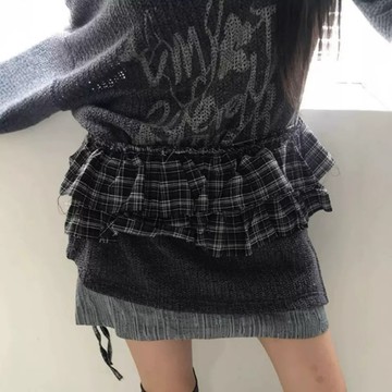 03A CU🇰🇷 現貨 疊穿神器🖤日系推薦單品 復古格子褶皺花邊腰部綁帶短裙