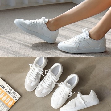 【白鳥麗子】【36-46全尺碼】韓國製情侶鞋 簡約舒適拚接繫帶小白鞋 店長推薦