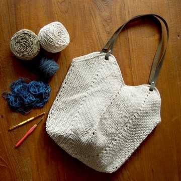 手工鉤編包 Granny Square Shopping Bag 原色配真皮肩帶