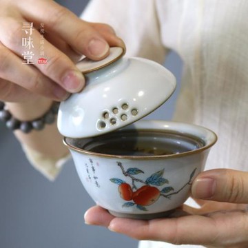 月白汝窯小茶碗｜復古快客蓋碗開片花鳥貓咪仿古陶瓷蓋杯功夫茶具