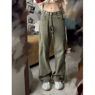 【T-2】🖤美式復古橄欖綠色牛仔褲女春秋ins新款寬鬆直筒闊腿褲拖地褲子潮 長褲