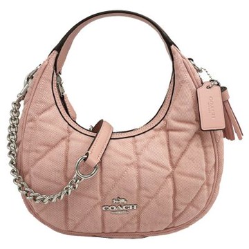 COACH 牛仔布絎縫菱格紋鏈帶手提/斜背兩用彎月包(粉)
