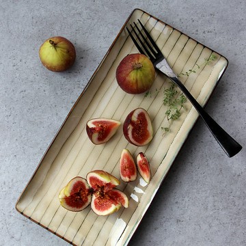 復古線條長條盤陶瓷壽司盤子魚盤創意西餐甜點盤長方盤日式料理盤