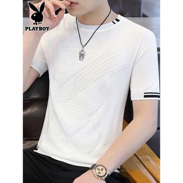 花花公子休閑短袖t恤男士夏季薄款體恤夏裝冰感白色潮流衣服男裝