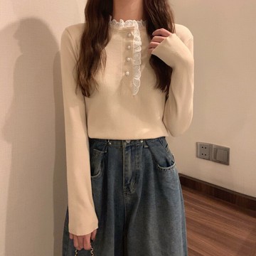 洋氣甜美上毛衣別致設計感蕾絲木耳邊針織長袖杏色打底衫秋冬內搭