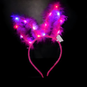 發光兔子耳朵羽毛髮箍 三段式彩色燈光（恆亮、快閃、慢閃） 三顆AG13電池可更換  桃紅色  1包