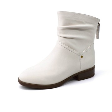 (限時⬊5折)GREEN PINE皺摺感後拉鍊平底鬆垮短靴 米白色 (00313863)