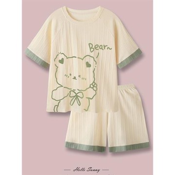 睡衣女夏季純棉薄款短袖2024新款可愛可外穿夏天家居服套裝帶胸墊