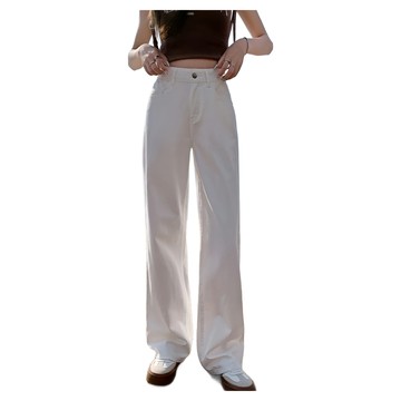 高腰素面顯瘦直筒牛仔寬褲  S(腰寬30cm + 臀寬45cm + 褲檔長29cm + 褲管寬18cm + 全長99cm)  白