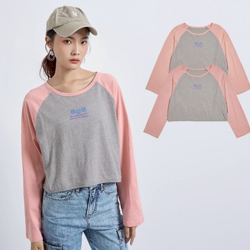 【ERSS】女裝 短袖 短版T 女生 t恤 短袖上衣 甜甜女孩 活潑 純棉 撞色 粉紅【K60286】