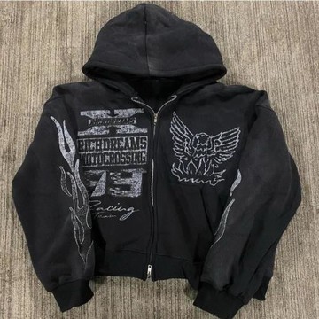 街頭嘻哈星星girl印花黑色拉鏈連帽衫女 2022 y2k 原宿外套衛衣女