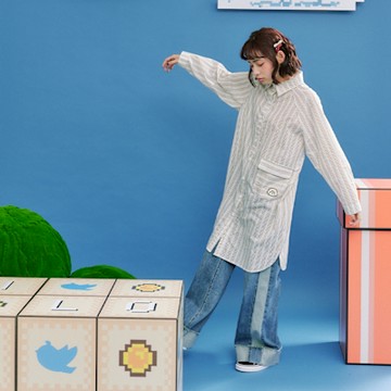 【Dailo】棉花Q毛小狗條紋長袖長襯衫 藍 黑 卡