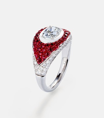 Kamyen 18kt white gold pinky ring with diamonds and rubies
