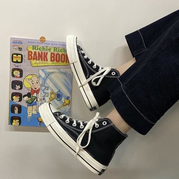 EVENSTAR帆布鞋女夏季薄款2024新款黑色高幫爆款小白鞋女百搭板鞋